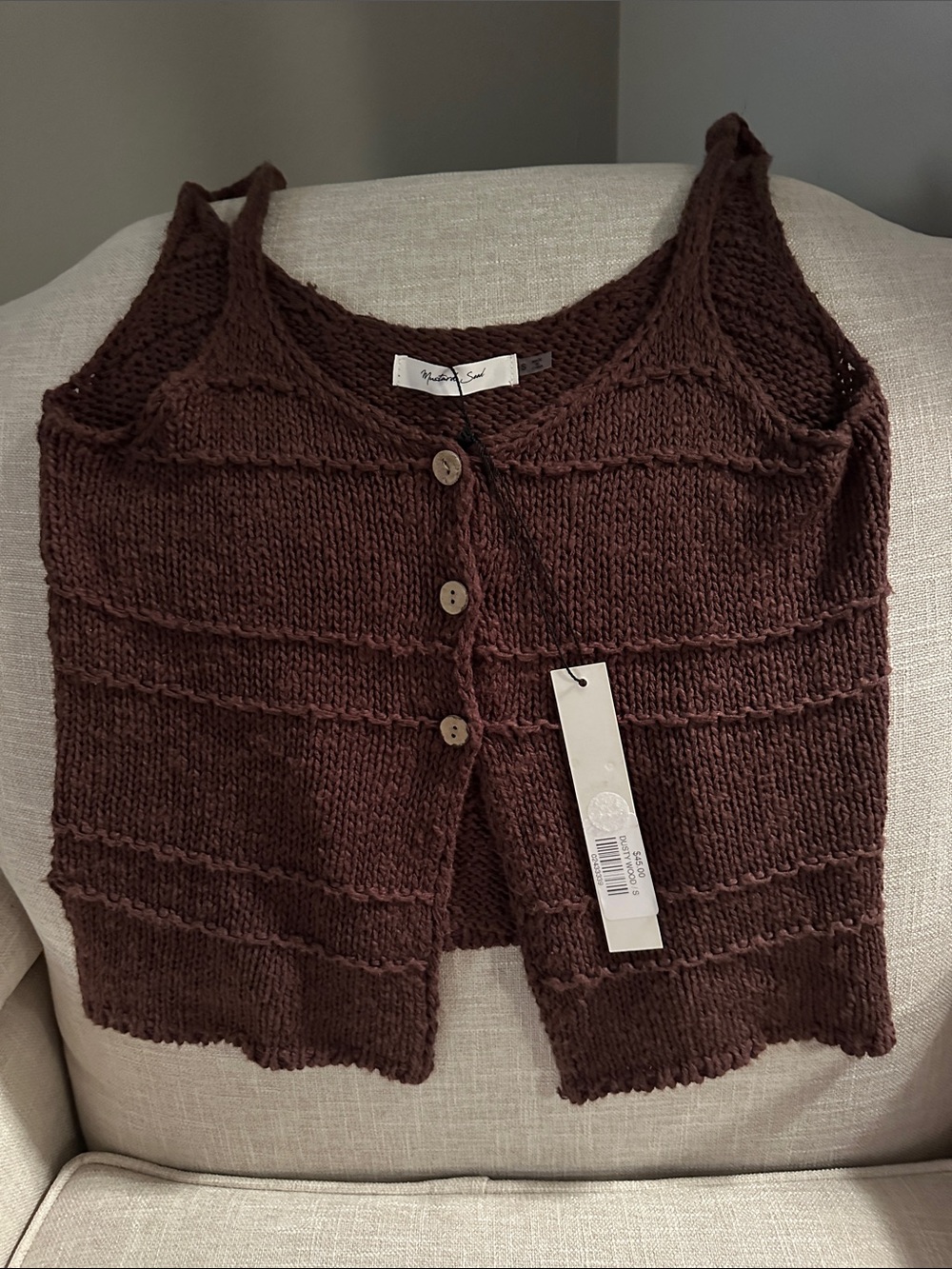 Mustard Seed Brown Knit Button-Front Sleeveless Cardigan